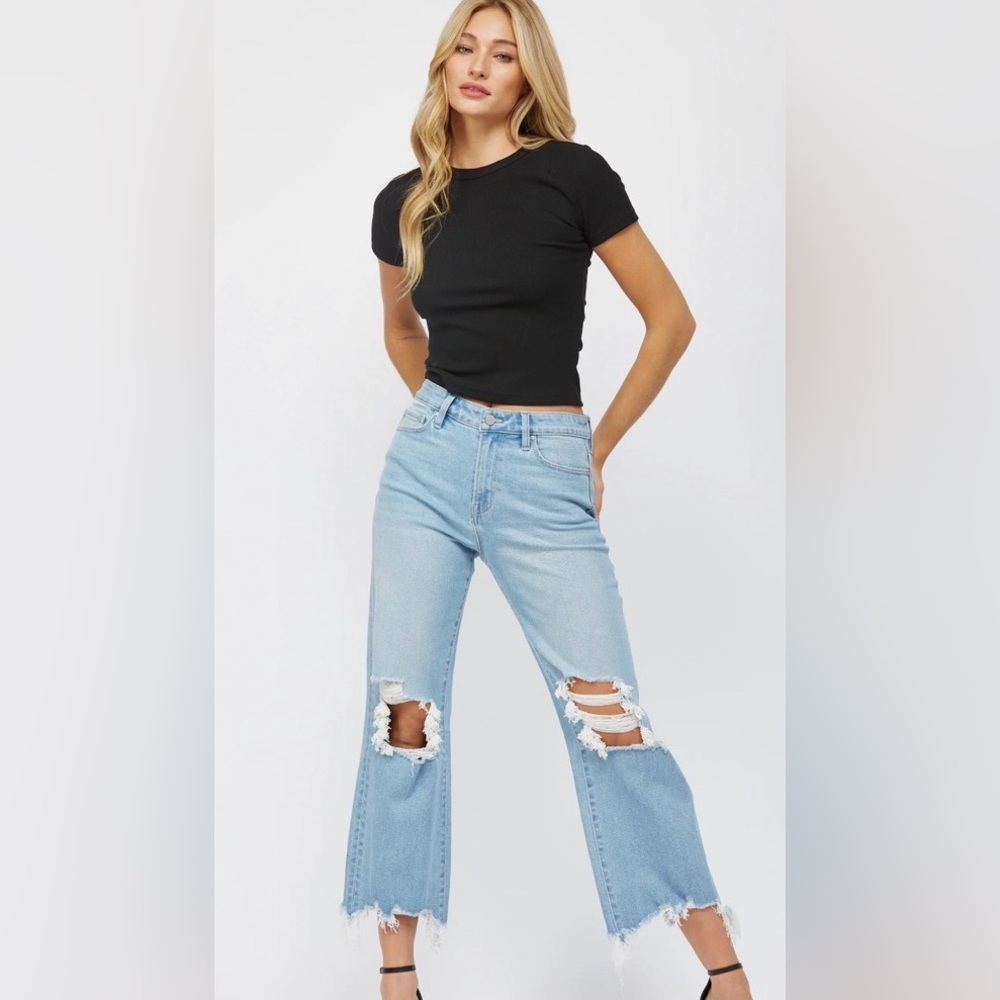 Mica Distressed Light Blue Wide Leg Cropped Jean. Stretch of a Judy Blue Jean